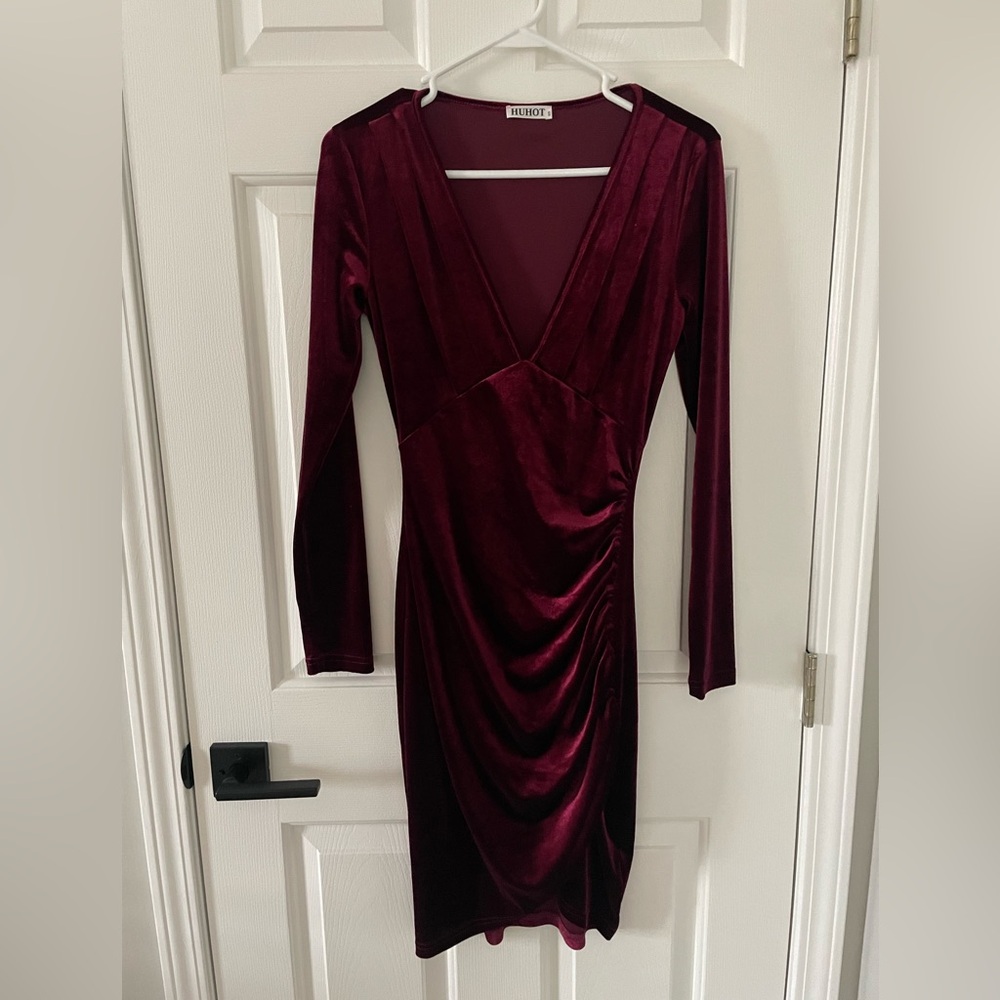 Long Sleeve Velvet Bodycon Ruched Mini Party Dress, S, NWOT
